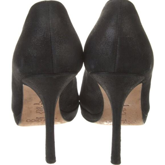 Jimmy Choo Black Leather Stiletto Heels Rhinestone Peep-Toe Shoe EU 37 - Picture 7 of 9